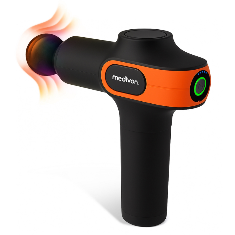 Pistol de masaj Medivon Gun Vital, 18W, Perkusionen / masaj cu vibrații, 6 masaje, Zagryavane, drenaj limfatic, Stagane, Negru / portocaliu