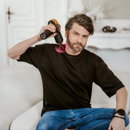 Pistol de masaj Medivon Gun Vital, 18W, Perkusionen / masaj cu vibrații, 6 masaje, Zagryavane, drenaj limfatic, Stagane, Negru / portocaliu