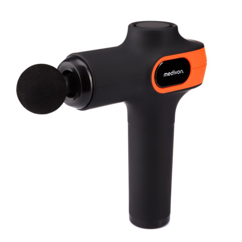 Pistol de masaj Medivon Gun Vital, 18W, Perkusionen / masaj cu vibrații, 6 masaje, Zagryavane, drenaj limfatic, Stagane, Negru / portocaliu