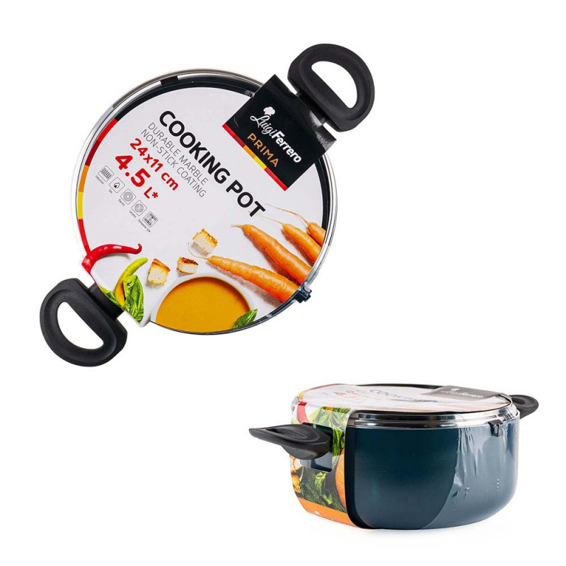 Cratita Luigi Ferrero Prima FR-2444, 24x11 cm, 4.5 l, Acoperire antiaderenta cu efect de marmura, Capac sticla, Inductie, Albastru