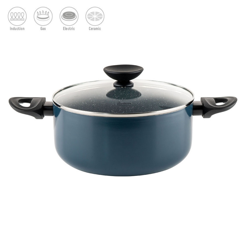 Cratita Luigi Ferrero Prima FR-2444, 24x11 cm, 4.5 l, Acoperire antiaderenta cu efect de marmura, Capac sticla, Inductie, Albastru