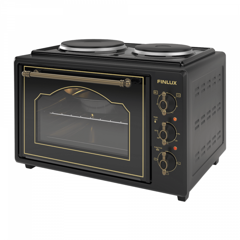 Mic Finlux FMC-9705GB, 1600W, 45 l, Două arzătoare, Ușă din sticlă, Închidere lină, Design retro, Negru