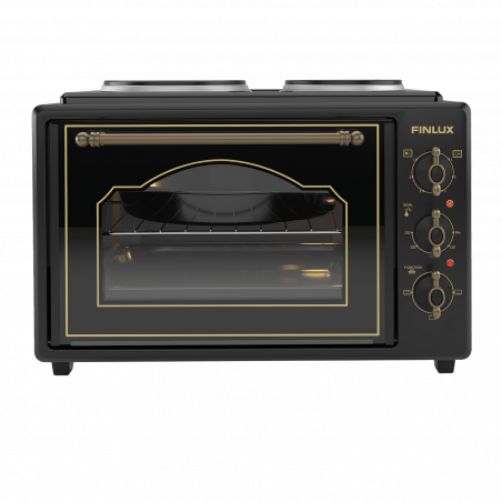 Mic Finlux FMC-9705GB, 1600W, 45 l, Două arzătoare, Ușă din sticlă, Închidere lină, Design retro, Negru