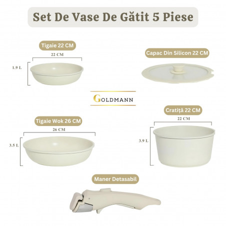 Set oale și tigăi cu mâner detașabil Goldmann GM-1005, 5 piese, Inducție, Finisaj marmură, Bej