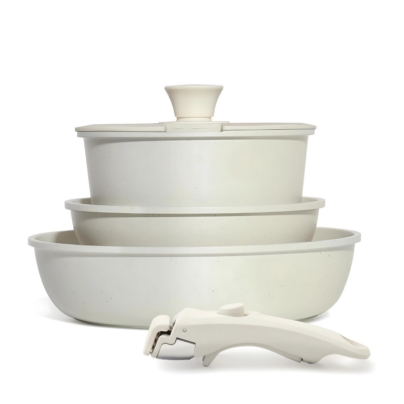 Set oale și tigăi cu mâner detașabil Goldmann GM-1005, 5 piese, Inducție, Finisaj marmură, Bej