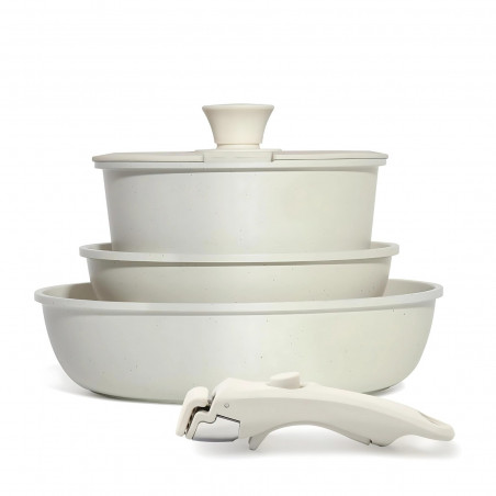 Set oale și tigăi cu mâner detașabil Goldmann GM-1005, 5 piese, Inducție, Finisaj marmură, Bej