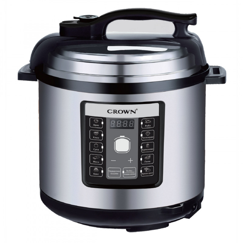 Multicooker sub presiune Crown CPC-506BF, 1000W, 6 L, 11 programe, 95 kPa, Pornire intarziata, Timer, LCD, Argintiu / Negru