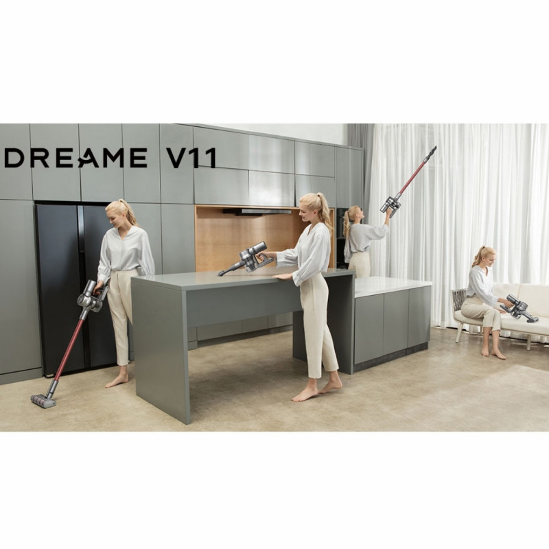 Aspirator vertical Dreame V11 VVN6, 450W, 150AW, 25000Pa, 125000 rpm, 0.5 l, 3 moduri, 90 min, OLED, HEPA, Indicatori, Gri/roșu