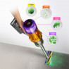Aspirator vertical Dyson V12 Slim Detect Absolute 448884-01, 150AW, 340 ml, 60 min autonomie, 3 moduri, Afișare date în timp real, Senzor de praf, Iluminat, Nichel/galben