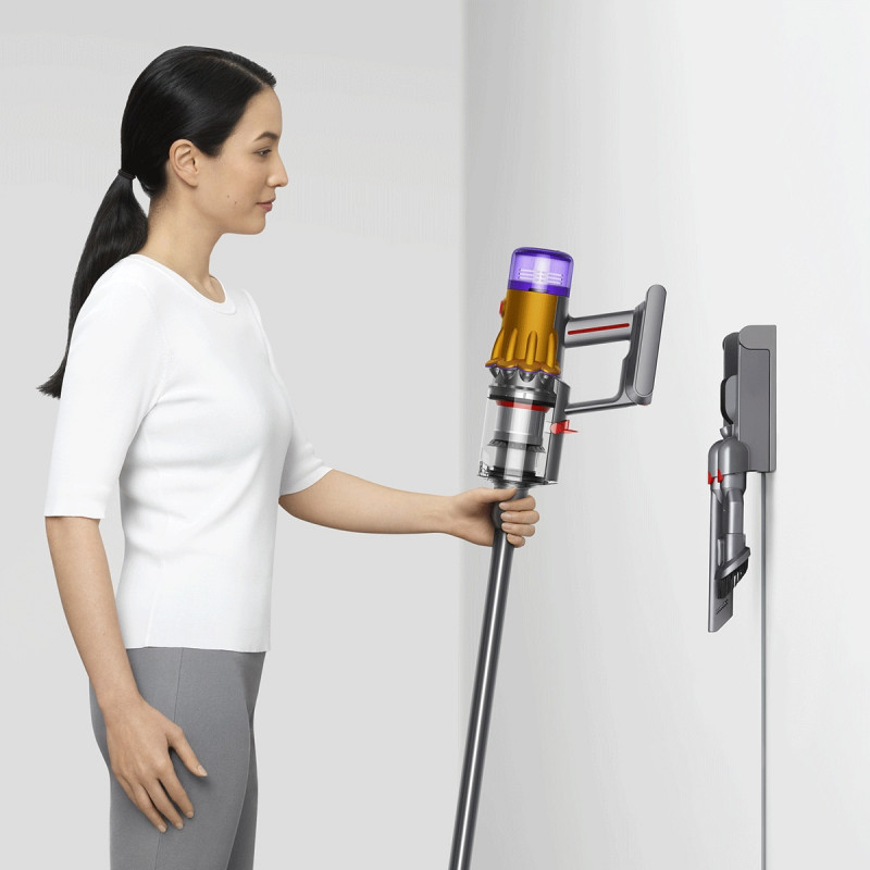 Aspirator vertical Dyson V12 Slim Detect Absolute 448884-01, 150AW, 340 ml, 60 min autonomie, 3 moduri, Afișare date în timp real, Senzor de praf, Iluminat, Nichel/galben