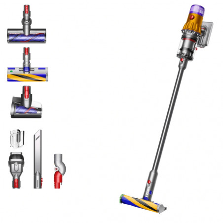 Aspirator vertical Dyson V12 Slim Detect Absolute 448884-01, 150AW, 340 ml, 60 min autonomie, 3 moduri, Afișare date în timp real, Senzor de praf, Iluminat, Nichel/galben