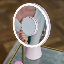 Smart Moon LED oglindă cosmetică iluminată, mărire 10x, lumină caldă / neutră / rece, luminozitate reglabilă, difuzor Bluetooth, roz