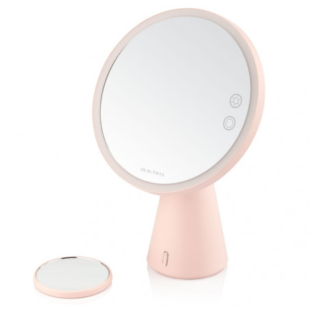 Smart Moon LED oglindă cosmetică iluminată, mărire 10x, lumină caldă / neutră / rece, luminozitate reglabilă, difuzor Bluetooth, roz