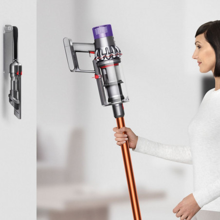 Aspirator vertical Dyson Cyclone V10 Absolute 448883-01, 150AW, 125.000 rpm, 0,77 l, 60 min, 3 moduri, 2 Tier Cyclone™, HEPA, silențios, golire igienică, fără încurcături, nichel/portocaliu
