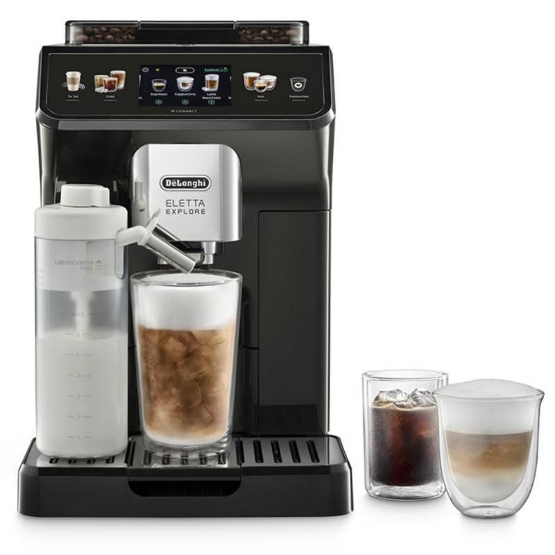 Espressor automat DeLonghi Eletta Explore ECAM450.65.G, 1450W, 19 bar, 1.8l, Wi-Fi, Touch TFT display, LatteCrema hot/cool, Twin Shot, To-Go, Cafea boabe, Negru/Gri
