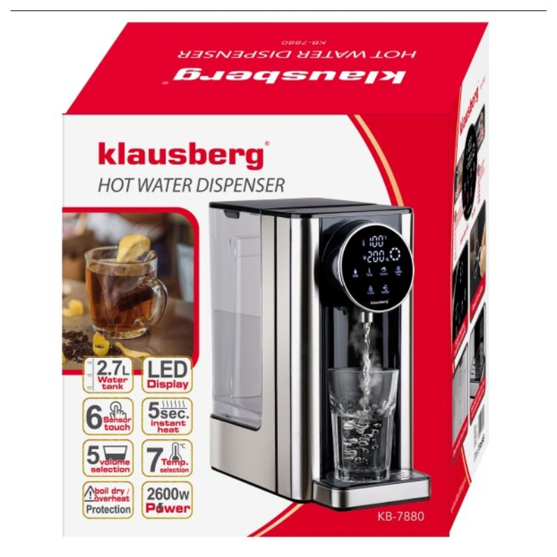 Dispenser apă caldă Klausberg KB 7880, 2600W, 2.7l, 40-100°C, 7 temperaturi, Afișaj LED tactil, Protecție copii, Setări de memorie, Inox/negru