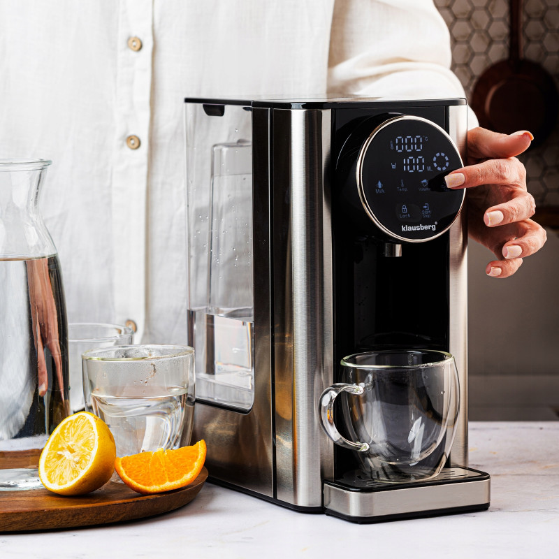 Dispenser apă caldă Klausberg KB 7880, 2600W, 2.7l, 40-100°C, 7 temperaturi, Afișaj LED tactil, Protecție copii, Setări de memorie, Inox/negru