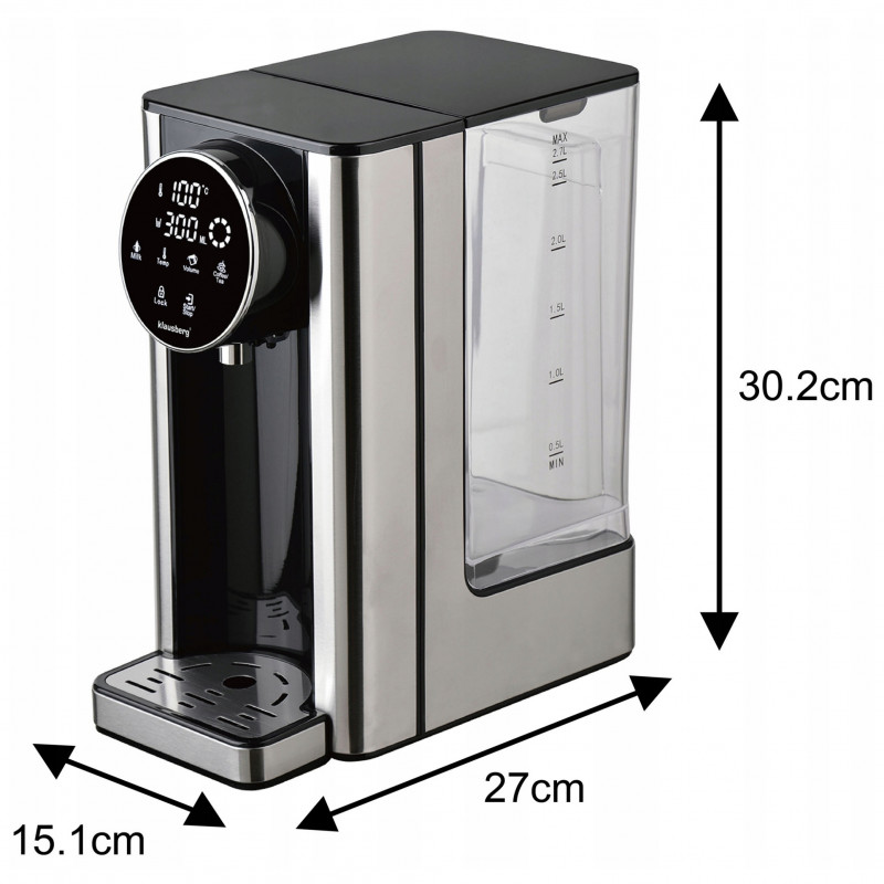 Dispenser apă caldă Klausberg KB 7880, 2600W, 2.7l, 40-100°C, 7 temperaturi, Afișaj LED tactil, Protecție copii, Setări de memorie, Inox/negru