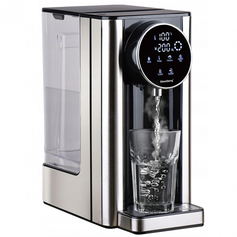 Dispenser apă caldă Klausberg KB 7880, 2600W, 2.7l, 40-100°C, 7 temperaturi, Afișaj LED tactil, Protecție copii, Setări de memorie, Inox/negru
