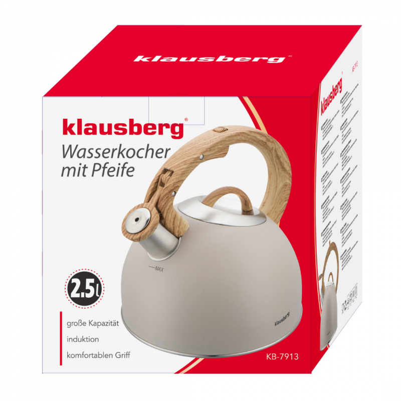 Fierbător fluierător Klausberg KB 7913, 2.5 L, Mâner cu efect de lemn, Inducție, Bej