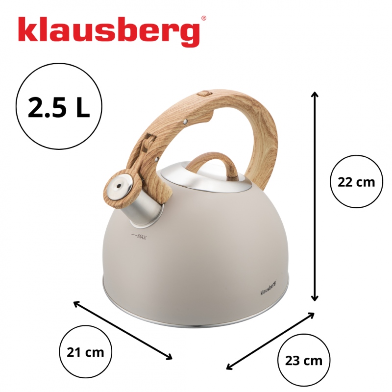 Fierbător fluierător Klausberg KB 7913, 2.5 L, Mâner cu efect de lemn, Inducție, Bej
