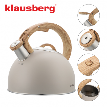 Fierbător fluierător Klausberg KB 7913, 2.5 L, Mâner cu efect de lemn, Inducție, Bej