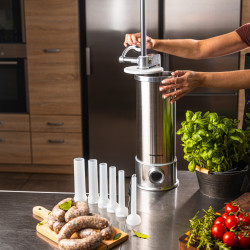 Mașină de umplut cârnați Klausberg KB 7927, 5 Kg, Manuală, 14-35mm, 6 pâlnii, Inox