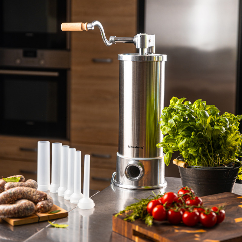 Mașină de umplut cârnați Klausberg KB 7927, 5 Kg, Manuală, 14-35mm, 6 pâlnii, Inox