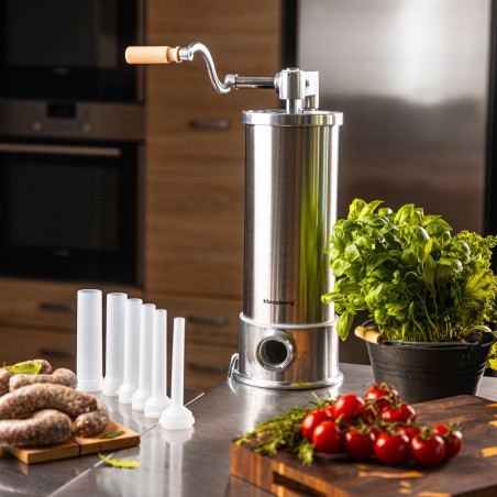 Mașină de umplut cârnați Klausberg KB 7927, 5 Kg, Manuală, 14-35mm, 6 pâlnii, Inox