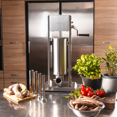 Mașină de umplut cârnați Klausberg KB 7930, 5 kg, Manuală, 4 duze din oțel, Supapă de sângerare, Cilindru de rulare, Inox