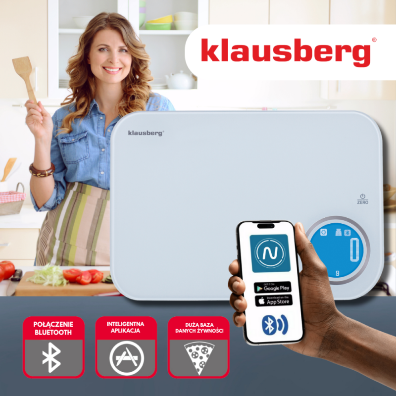 Cantar de bucatarie Klausberg KB 7938, 5 Kg, Bluetooth, Aplicatie mobila, LCD, Tare, 4 indicatori, Lichide, Indicatori, Alb/albastru