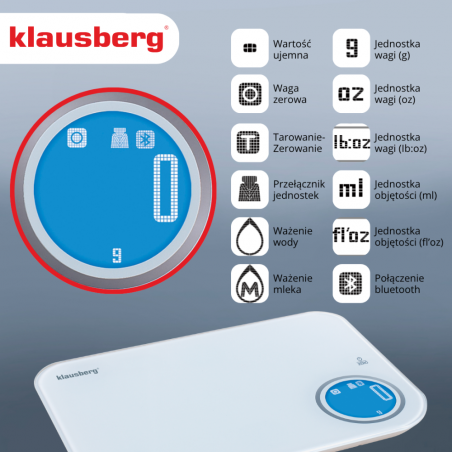 Cantar de bucatarie Klausberg KB 7938, 5 Kg, Bluetooth, Aplicatie mobila, LCD, Tare, 4 indicatori, Lichide, Indicatori, Alb/albastru