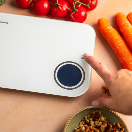 Cantar de bucatarie Klausberg KB 7938, 5 Kg, Bluetooth, Aplicatie mobila, LCD, Tare, 4 indicatori, Lichide, Indicatori, Alb/albastru