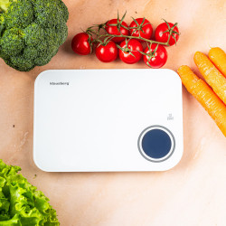 Cantar de bucatarie Klausberg KB 7938, 5 Kg, Bluetooth, Aplicatie mobila, LCD, Tare, 4 indicatori, Lichide, Indicatori, Alb/albastru