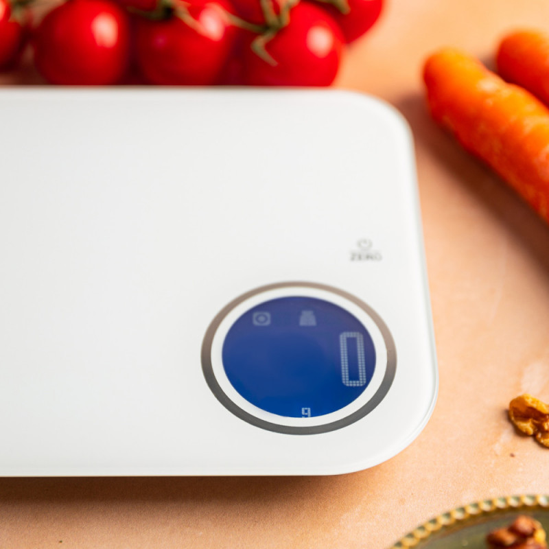 Cantar de bucatarie Klausberg KB 7938, 5 Kg, Bluetooth, Aplicatie mobila, LCD, Tare, 4 indicatori, Lichide, Indicatori, Alb/albastru