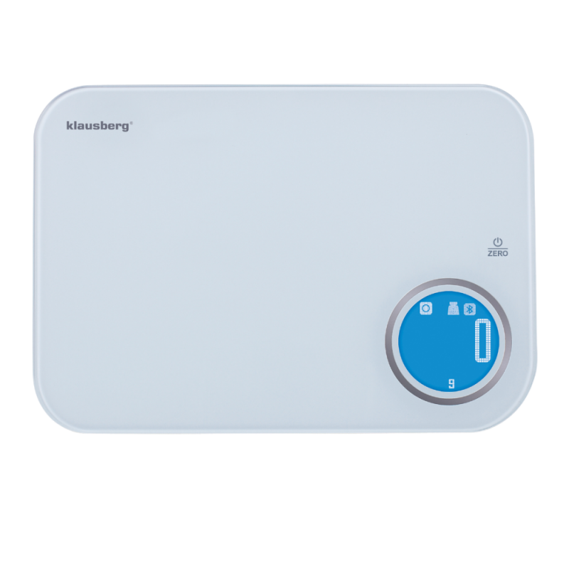 Cantar de bucatarie Klausberg KB 7938, 5 Kg, Bluetooth, Aplicatie mobila, LCD, Tare, 4 indicatori, Lichide, Indicatori, Alb/albastru