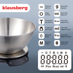 Cantar de bucatarie cu bol Klausberg KB 7939, 5 Kg, Bluetooth, Aplicatie mobila, LED, Tare, Lichide, 4 valori nutritive, Inox