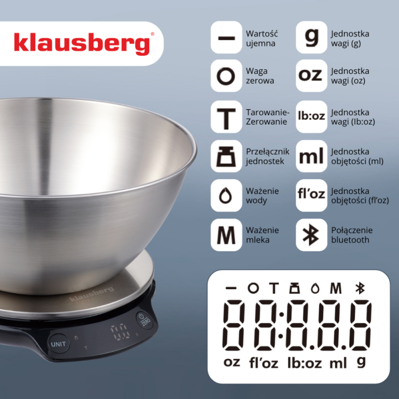 Cantar de bucatarie cu bol Klausberg KB 7939, 5 Kg, Bluetooth, Aplicatie mobila, LED, Tare, Lichide, 4 valori nutritive, Inox