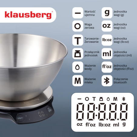 Cantar de bucatarie cu bol Klausberg KB 7939, 5 Kg, Bluetooth, Aplicatie mobila, LED, Tare, Lichide, 4 valori nutritive, Inox