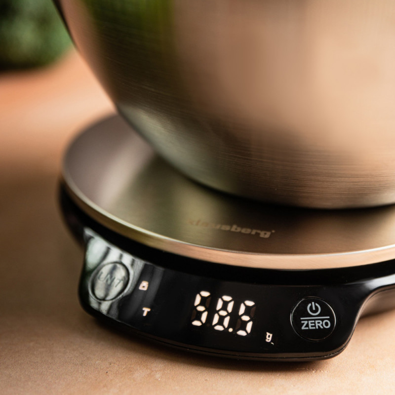 Cantar de bucatarie cu bol Klausberg KB 7939, 5 Kg, Bluetooth, Aplicatie mobila, LED, Tare, Lichide, 4 valori nutritive, Inox