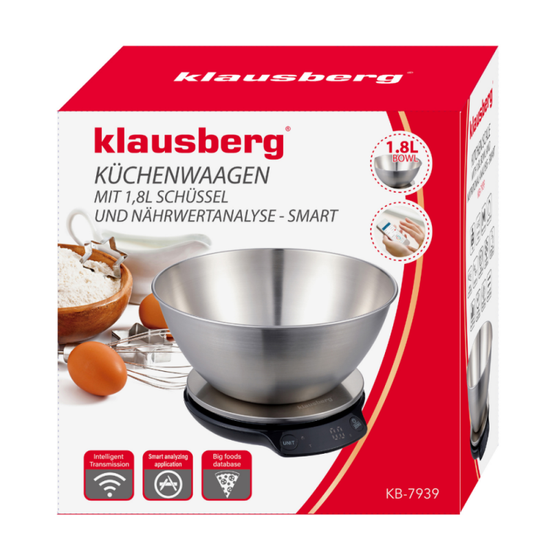 Cantar de bucatarie cu bol Klausberg KB 7939, 5 Kg, Bluetooth, Aplicatie mobila, LED, Tare, Lichide, 4 valori nutritive, Inox