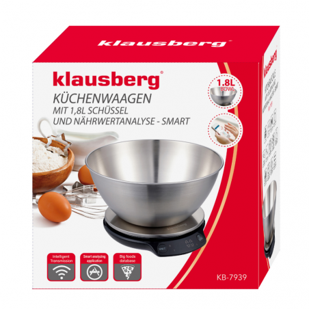 Cantar de bucatarie cu bol Klausberg KB 7939, 5 Kg, Bluetooth, Aplicatie mobila, LED, Tare, Lichide, 4 valori nutritive, Inox