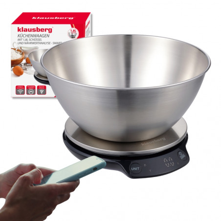 Cantar de bucatarie cu bol Klausberg KB 7939, 5 Kg, Bluetooth, Aplicatie mobila, LED, Tare, Lichide, 4 valori nutritive, Inox