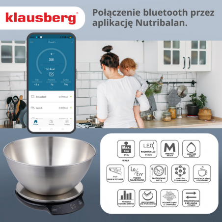 Cantar de bucatarie cu bol Klausberg KB 7939, 5 Kg, Bluetooth, Aplicatie mobila, LED, Tare, Lichide, 4 valori nutritive, Inox