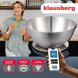 Cantar de bucatarie cu bol Klausberg KB 7939, 5 Kg, Bluetooth, Aplicatie mobila, LED, Tare, Lichide, 4 valori nutritive, Inox