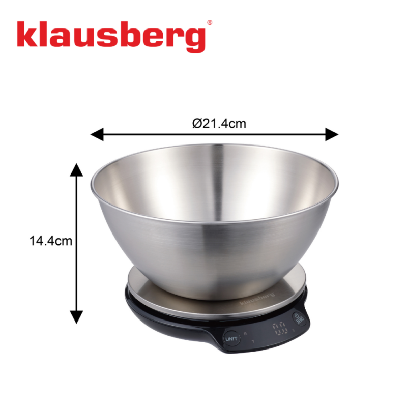 Cantar de bucatarie cu bol Klausberg KB 7939, 5 Kg, Bluetooth, Aplicatie mobila, LED, Tare, Lichide, 4 valori nutritive, Inox