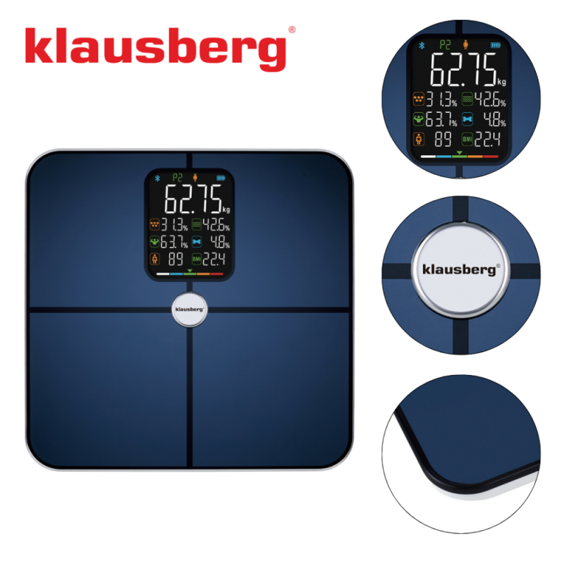 Cantar digital Klausberg KB 7940, 180 Kg, BIA, LCD, Bluetooth, 12 indicatori, Sticlă călită, Albastru închis