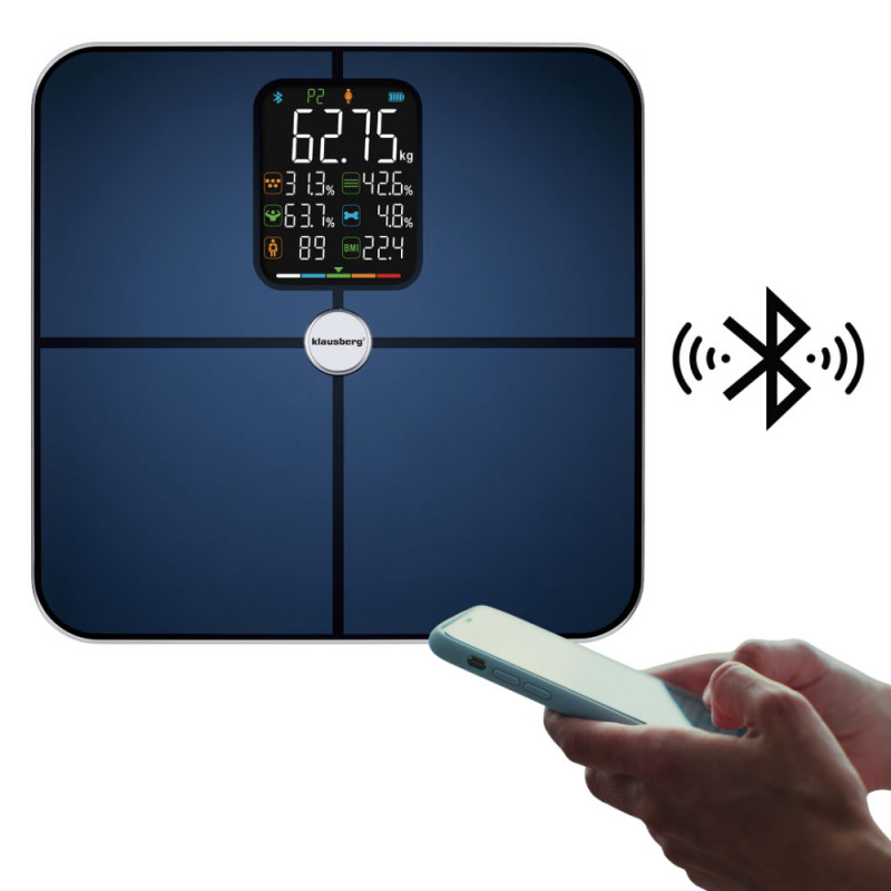 Cantar digital Klausberg KB 7940, 180 Kg, BIA, LCD, Bluetooth, 12 indicatori, Sticlă călită, Albastru închis