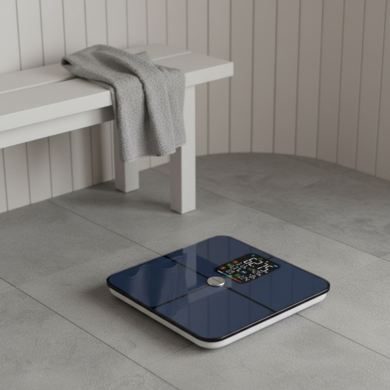 Cantar digital Klausberg KB 7940, 180 Kg, BIA, LCD, Bluetooth, 12 indicatori, Sticlă călită, Albastru închis