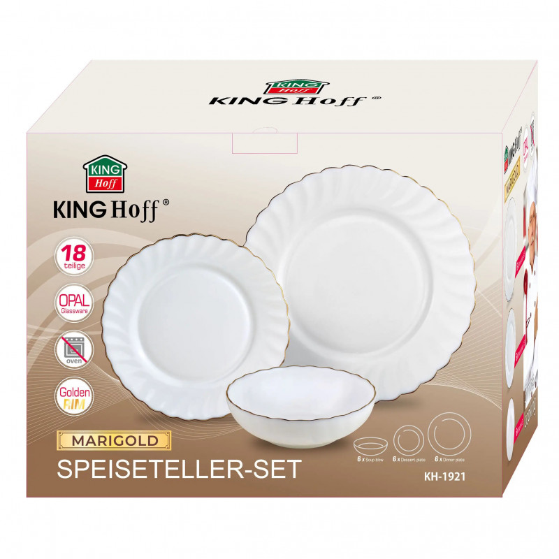 Veselă Kinghoff KH 1921, 18 bucăți, Pentru 6 persoane, Sticlă opală, Alb / Elastic